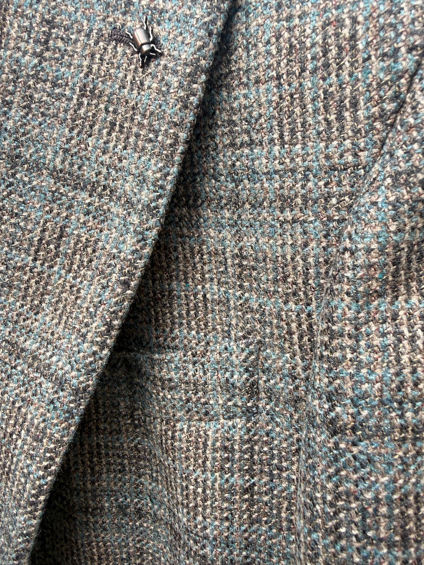 CC Collection Corneliani herenblazer meerkleurig, detail stof, ruitpatroon en revers