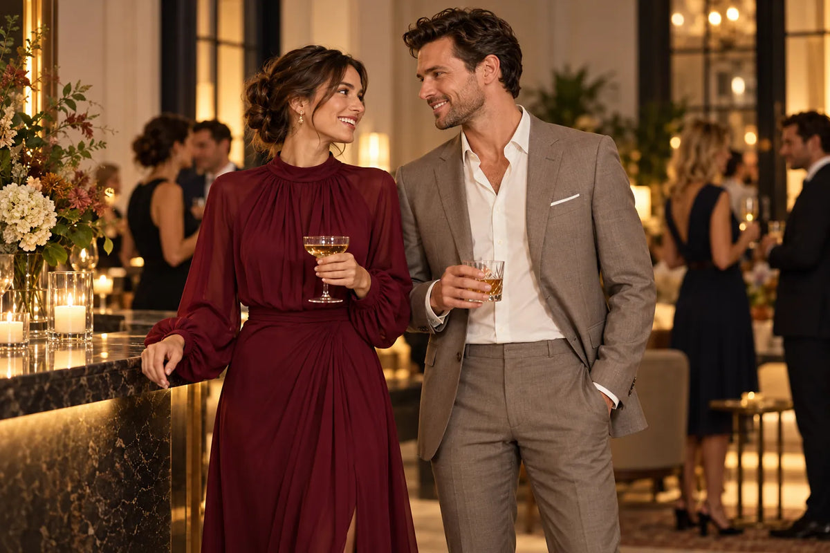 Kvinde i en bordeauxfarvet aftenkjole og mand i et lysebrunt jakkesæt ved en festlig reception.